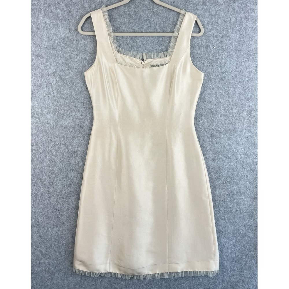Adrianna Papell Silk Sheath Dress Womens 8 Cream Delicate Ruffle Trim Bridal